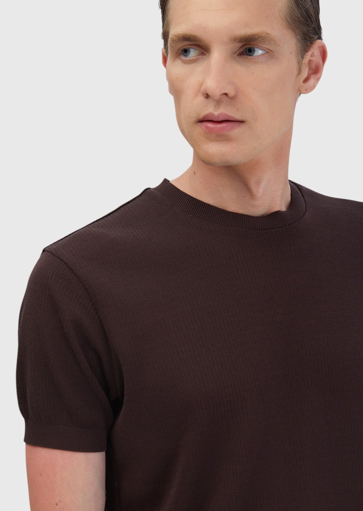Kahverengi Jakarlı Bisiklet Yaka %100 Pamuk T-Shirt
