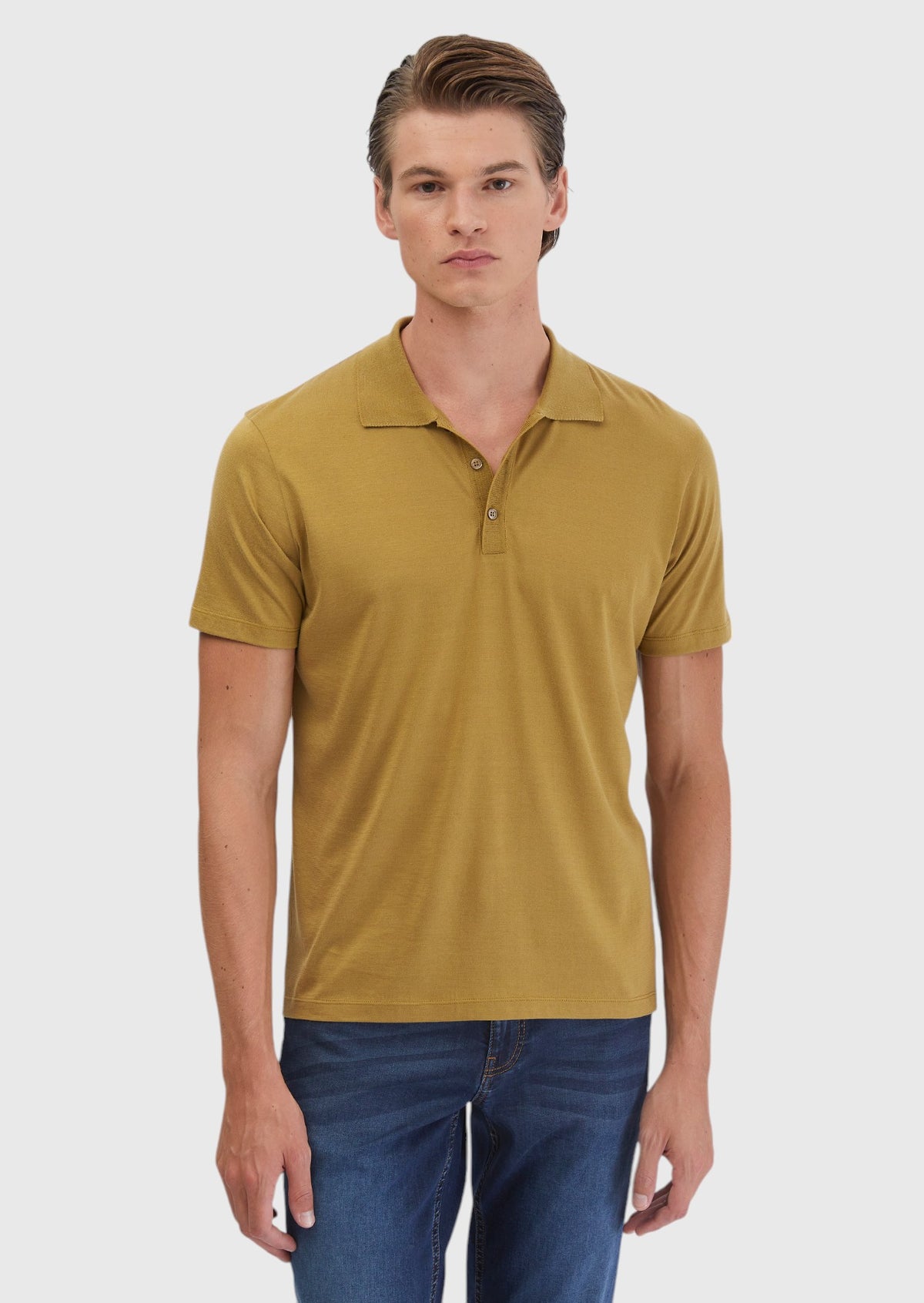 Yağ Yeşili Düz Polo Yaka Pamuk Karışımlı T-Shirt