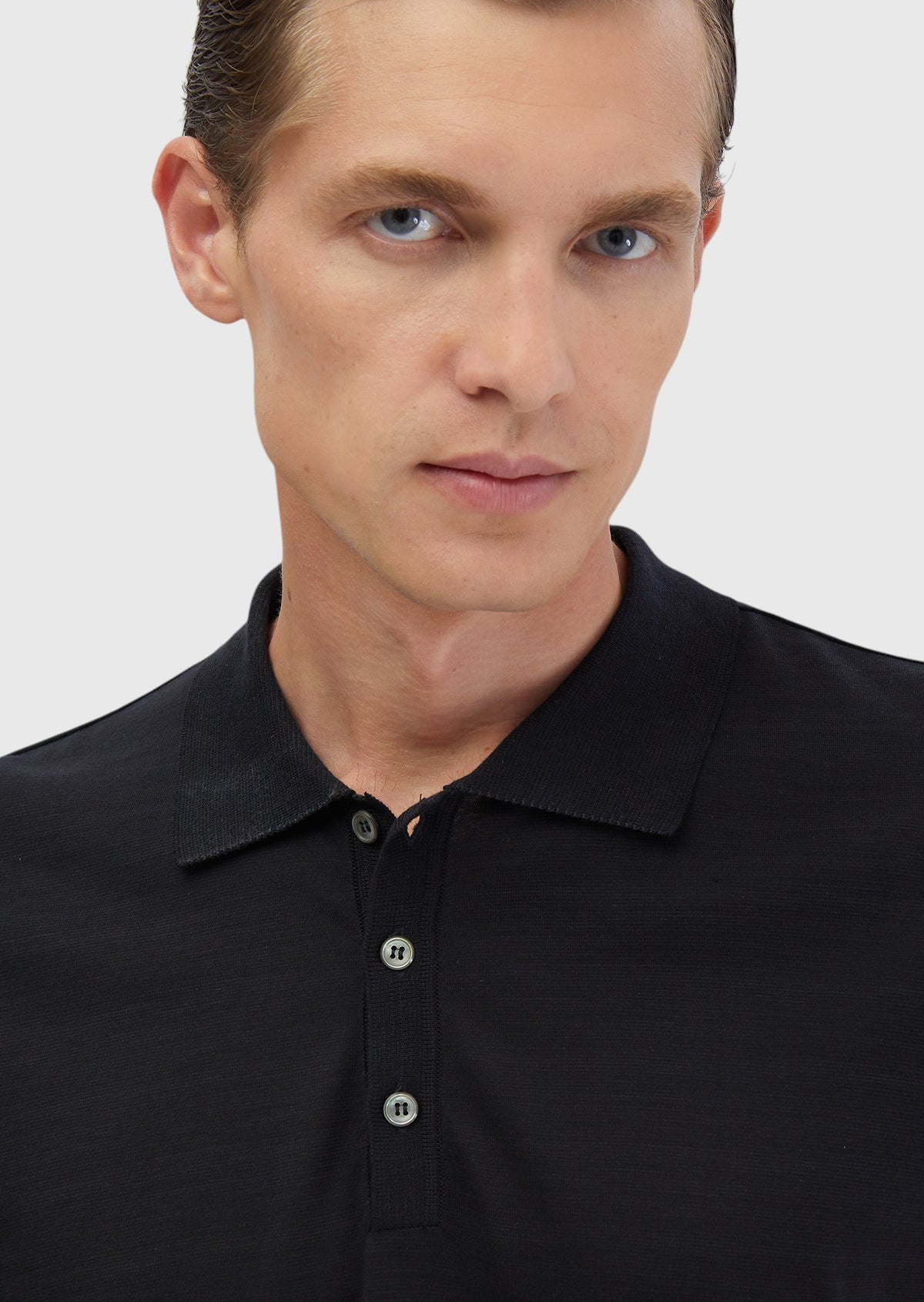 Siyah Düz Polo Yaka Pamuk Karışımlı T-Shirt