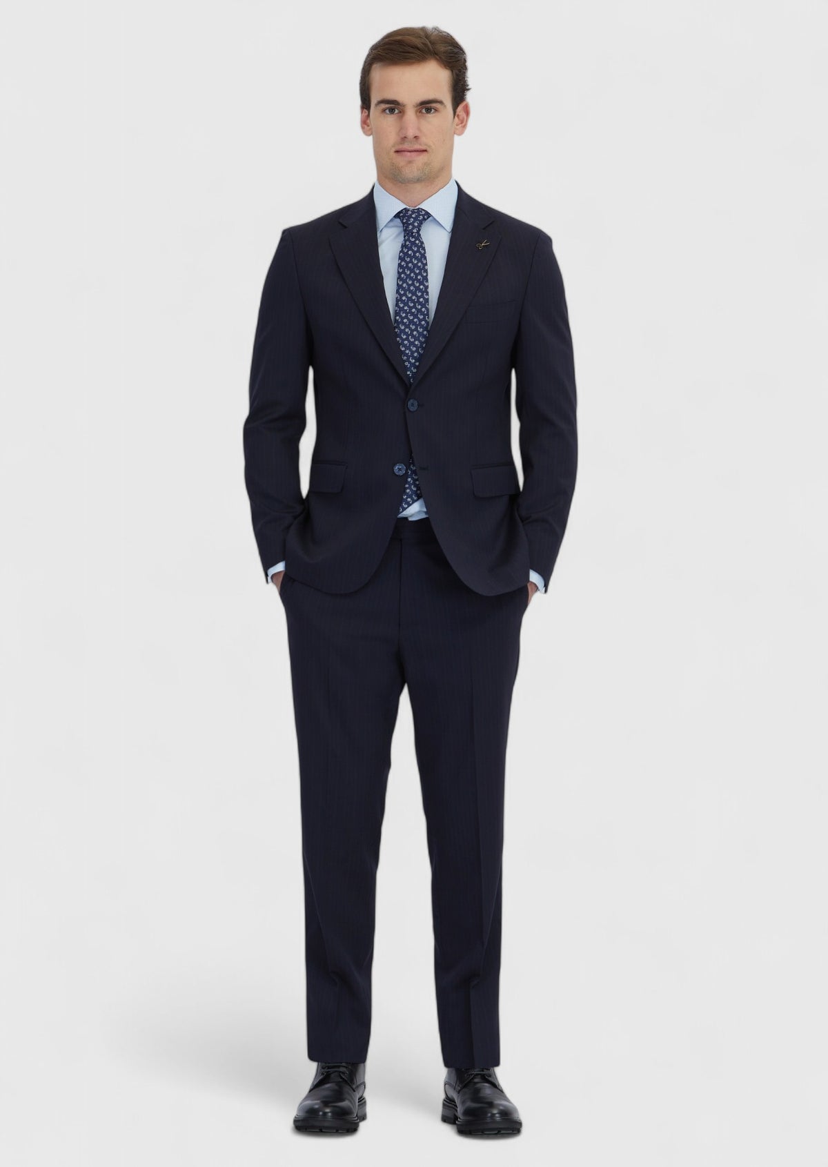 Lacivert Çizgili Zeroweight Slim Fit Yün Karışımlı Takım Elbise