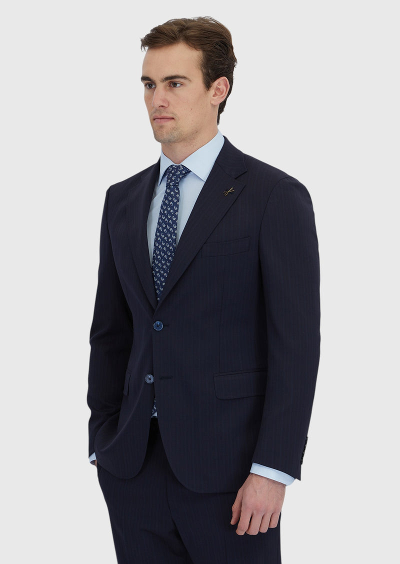 Lacivert Çizgili Zeroweight Slim Fit Yün Karışımlı Takım Elbise
