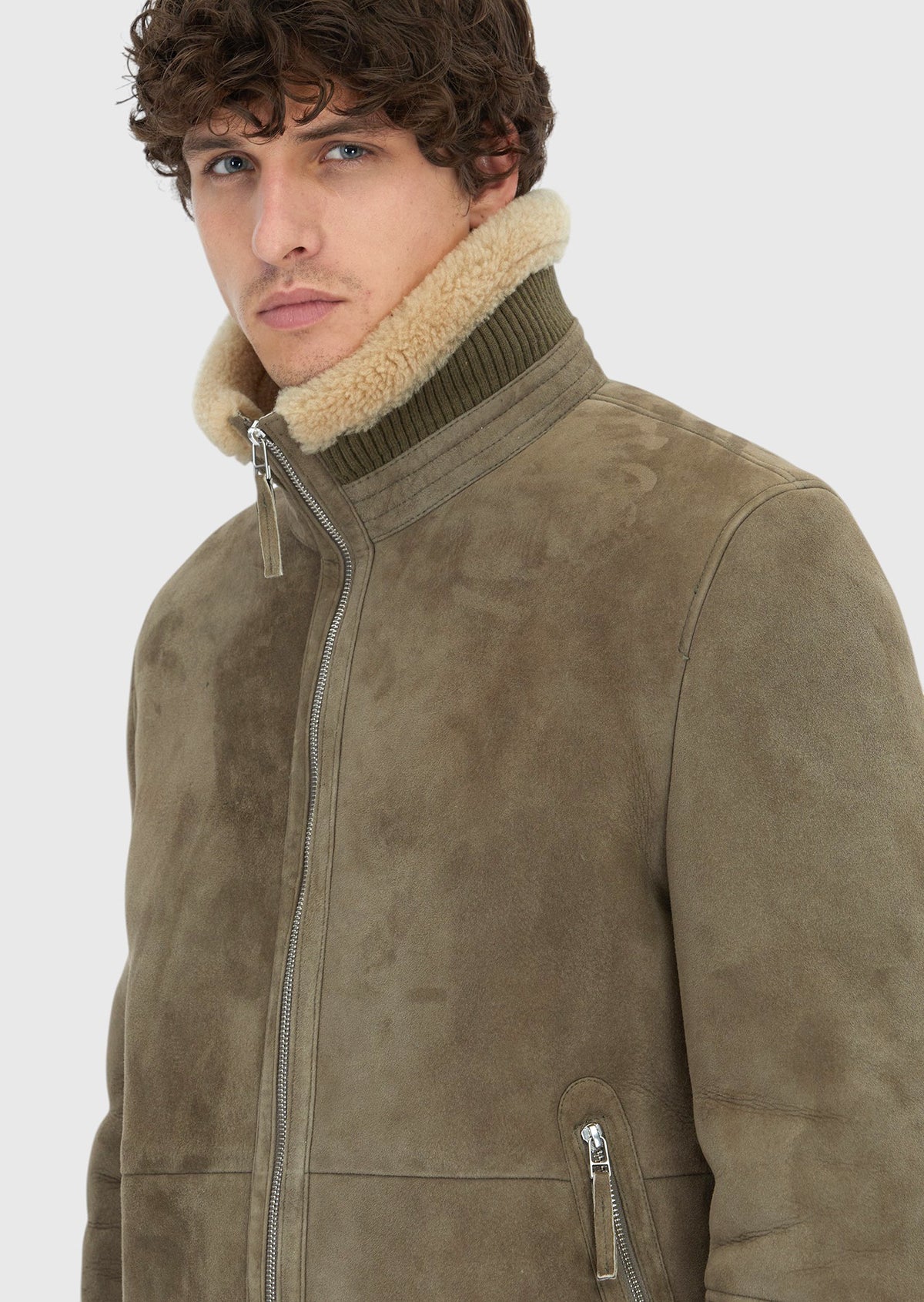Haki Regular Fit Dik Yaka Casual Koyun Kürkü Deri Mont