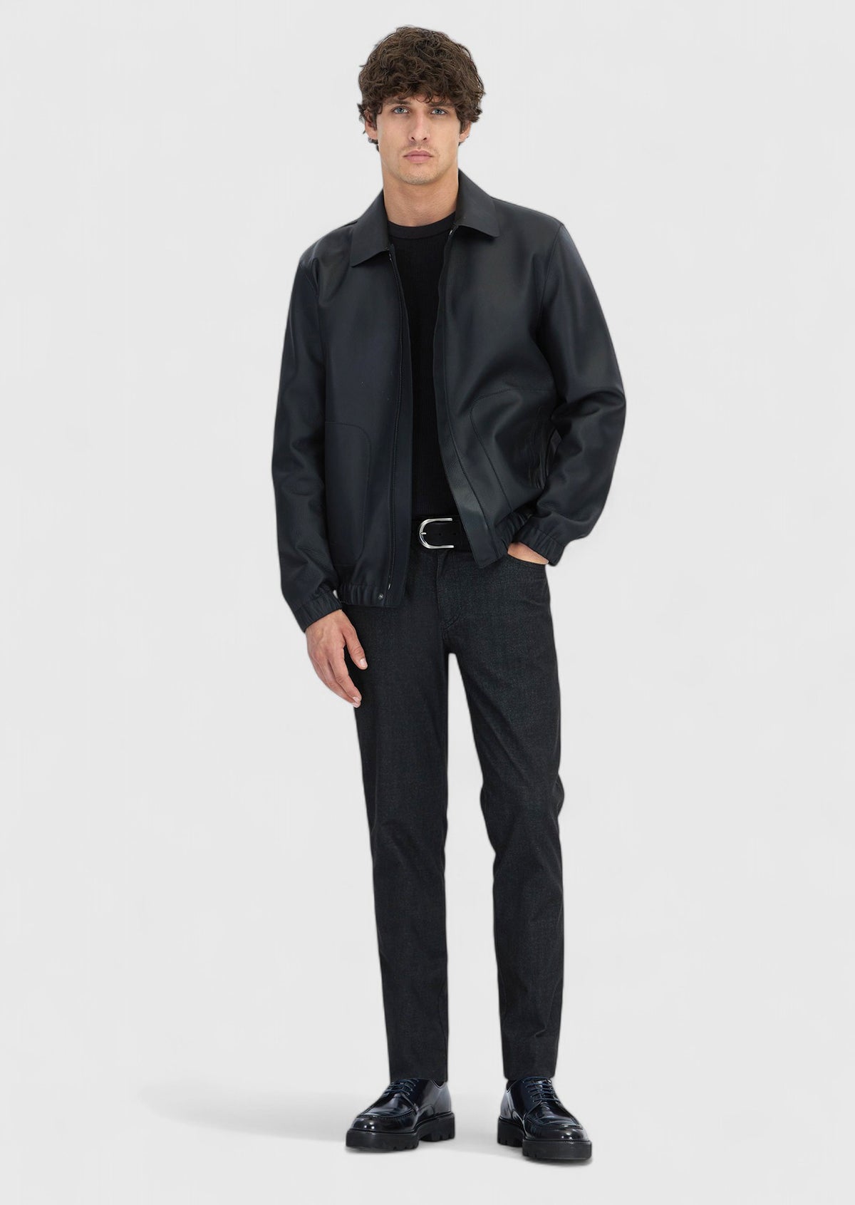 Siyah Regular Fit Gömlek Yaka Casual Koyun Derisi Deri Mont