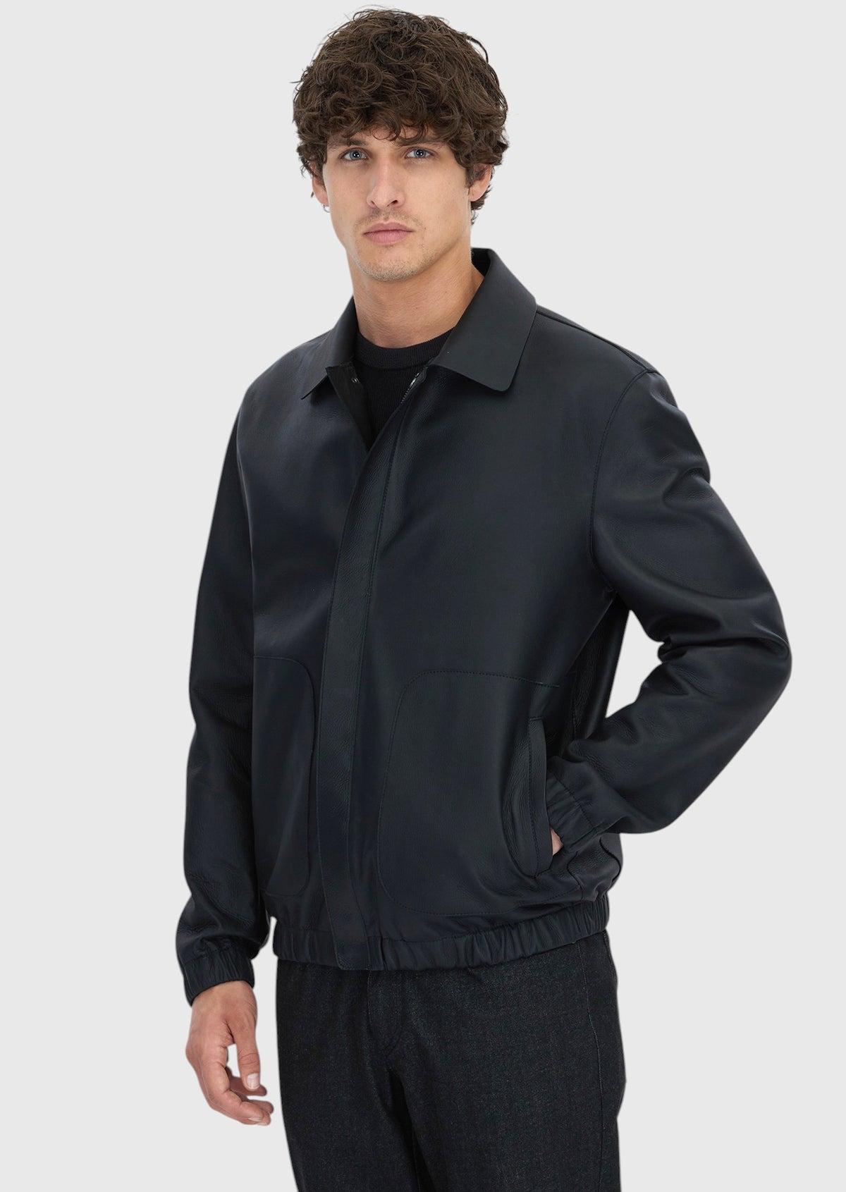 Siyah Regular Fit Gömlek Yaka Casual Koyun Derisi Deri Mont