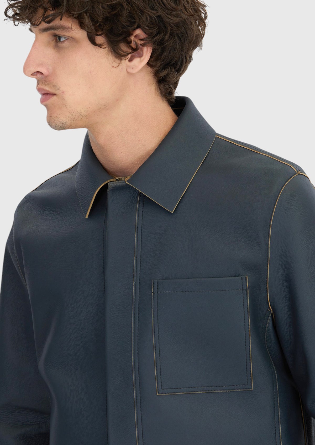 Gri Regular Fit Gömlek Yaka Casual Koyun Derisi Deri Mont