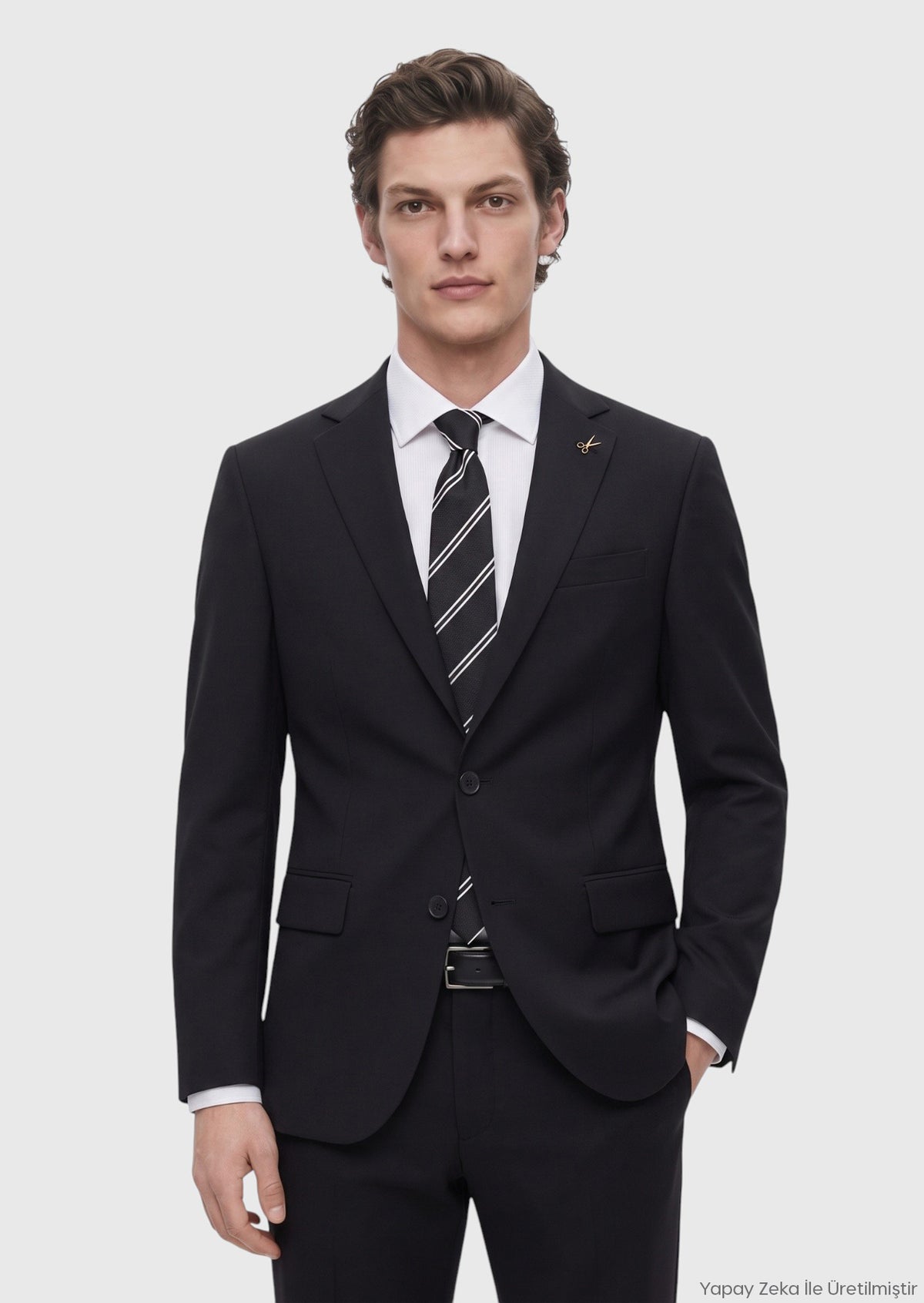 Siyah Düz Modern Fit Yün Karışımlı Takım Elbise