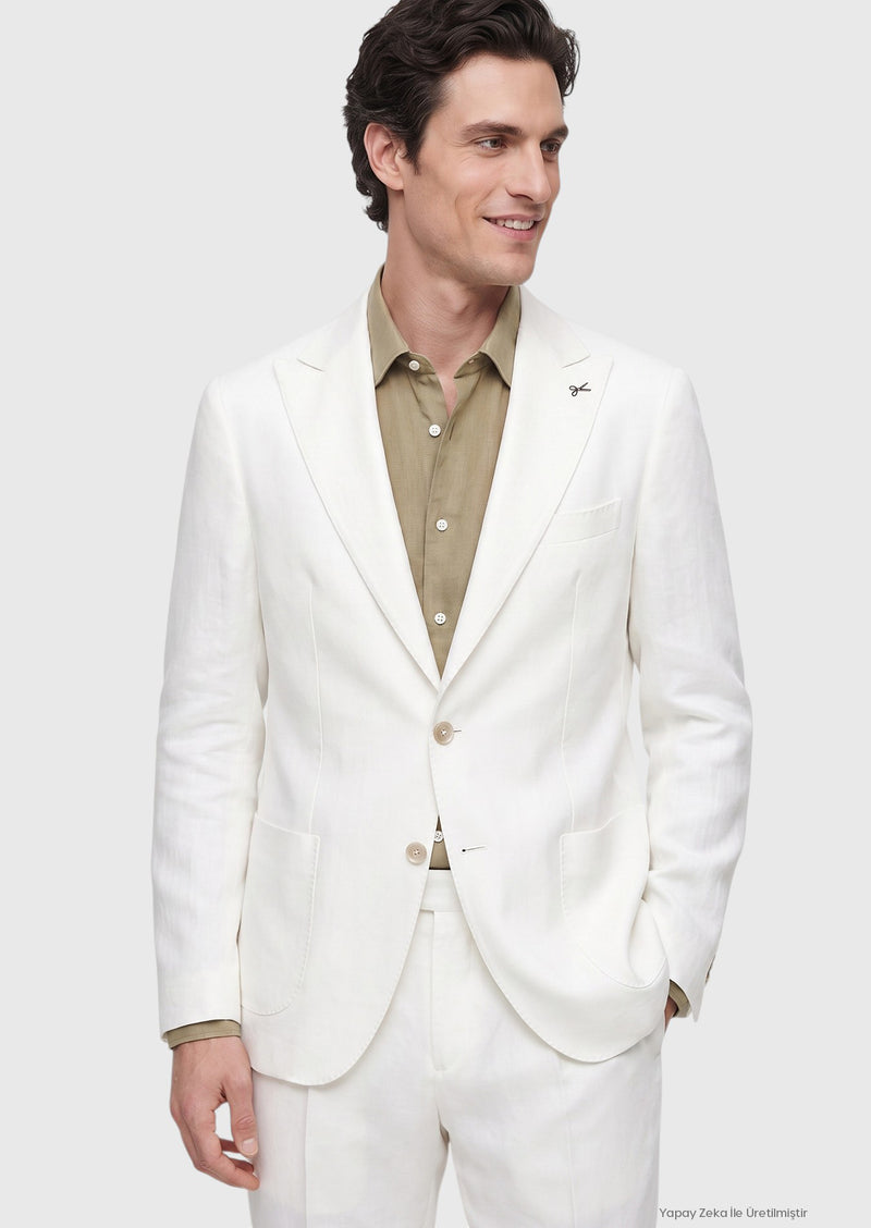 Beyaz Düz Zeroweight Slim Fit %100 Keten Takım Elbise