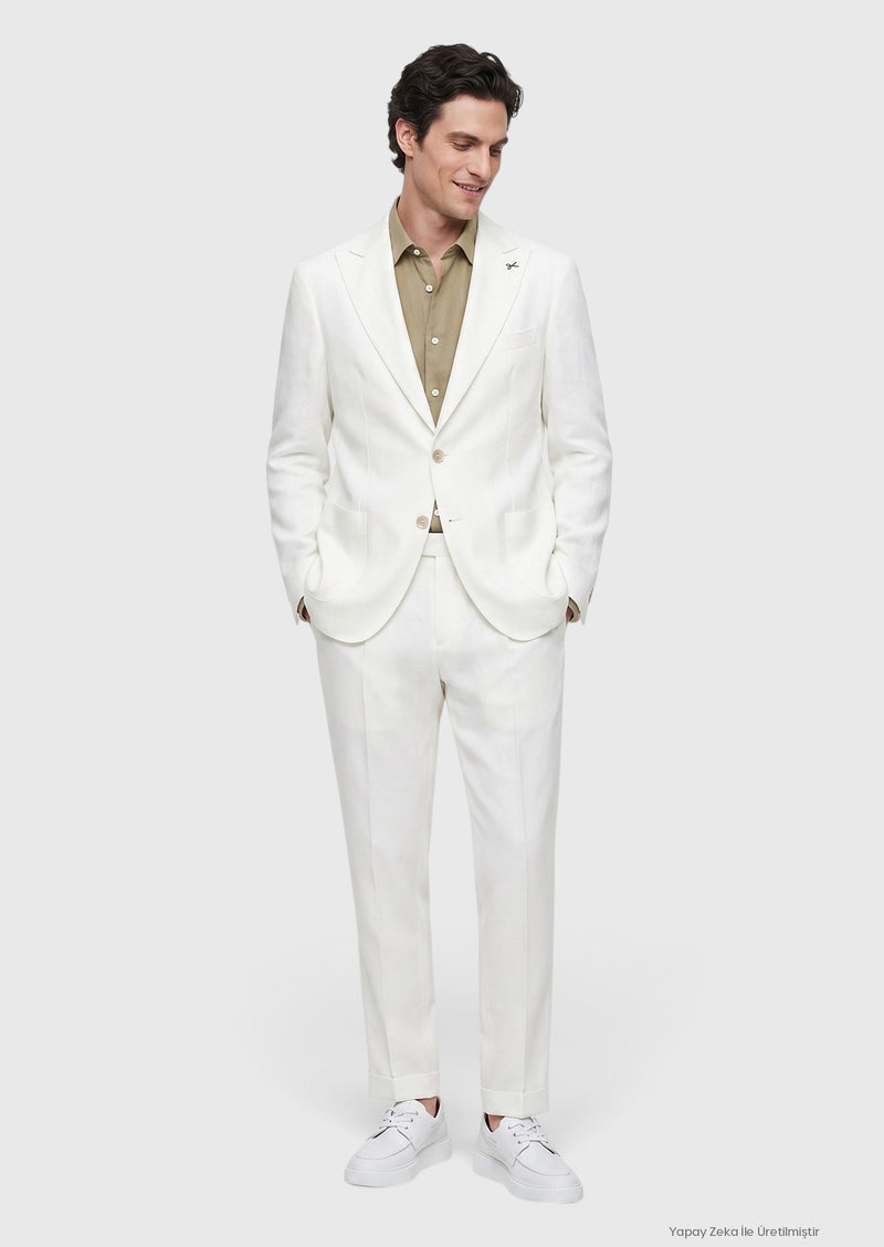 Beyaz Düz Zeroweight Slim Fit %100 Keten Takım Elbise