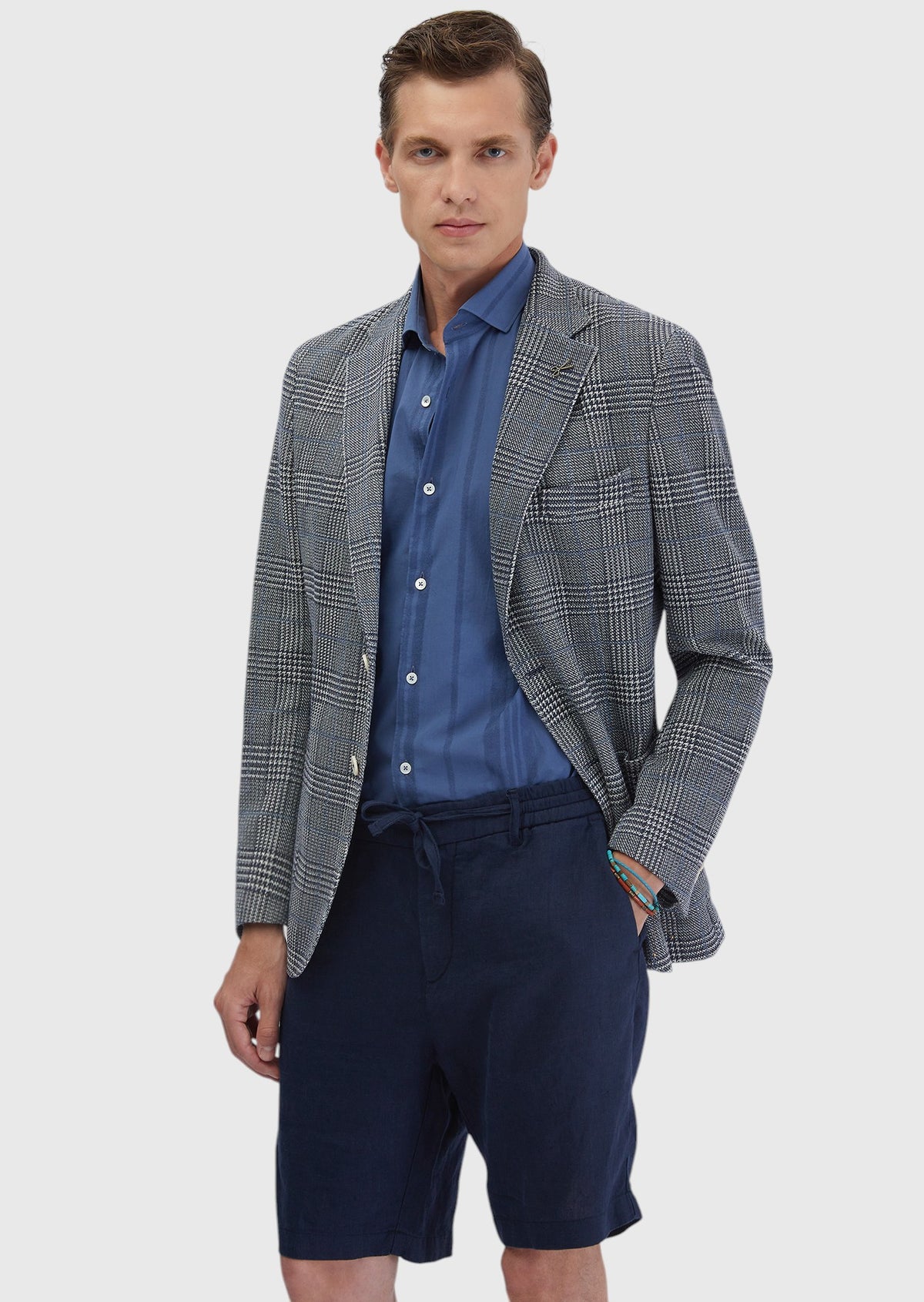 İndigo Kareli Shirt Shoulder Slim Fit Pamuk Karışımlı Örme Ceket