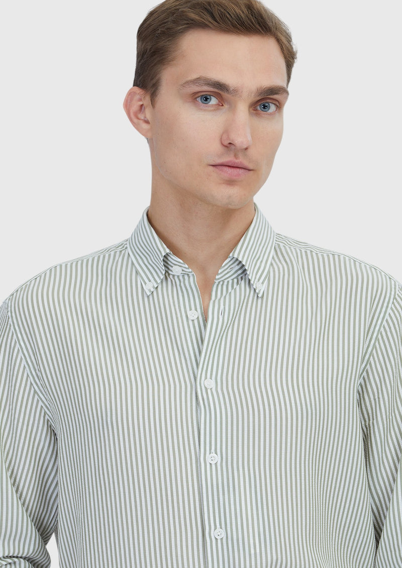 Açık Yeşil Çizgili Casual Fit Uzun Dokuma Casual Gömlek