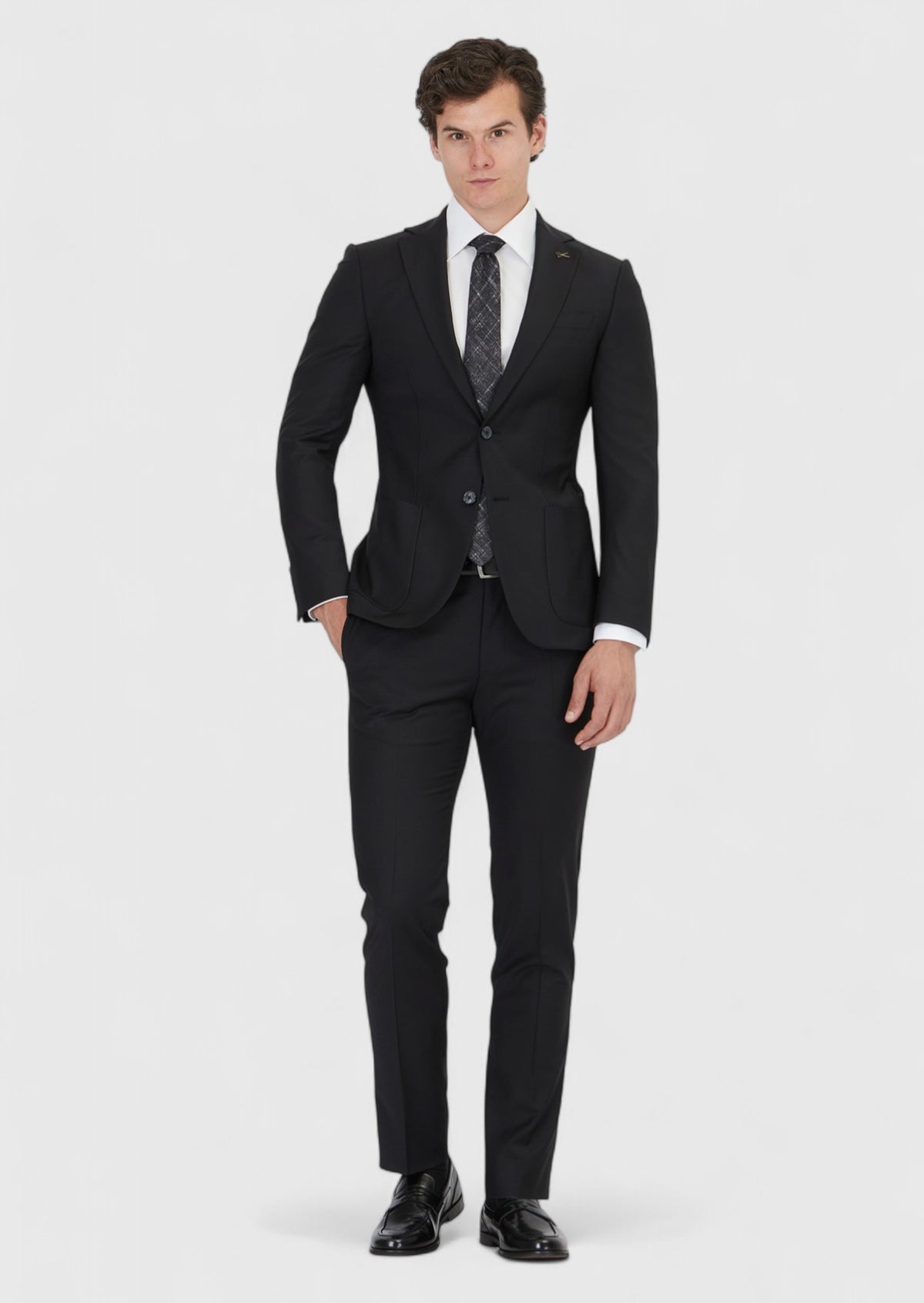 Siyah Düz Modern Fit Yün Karışımlı Takım Elbise