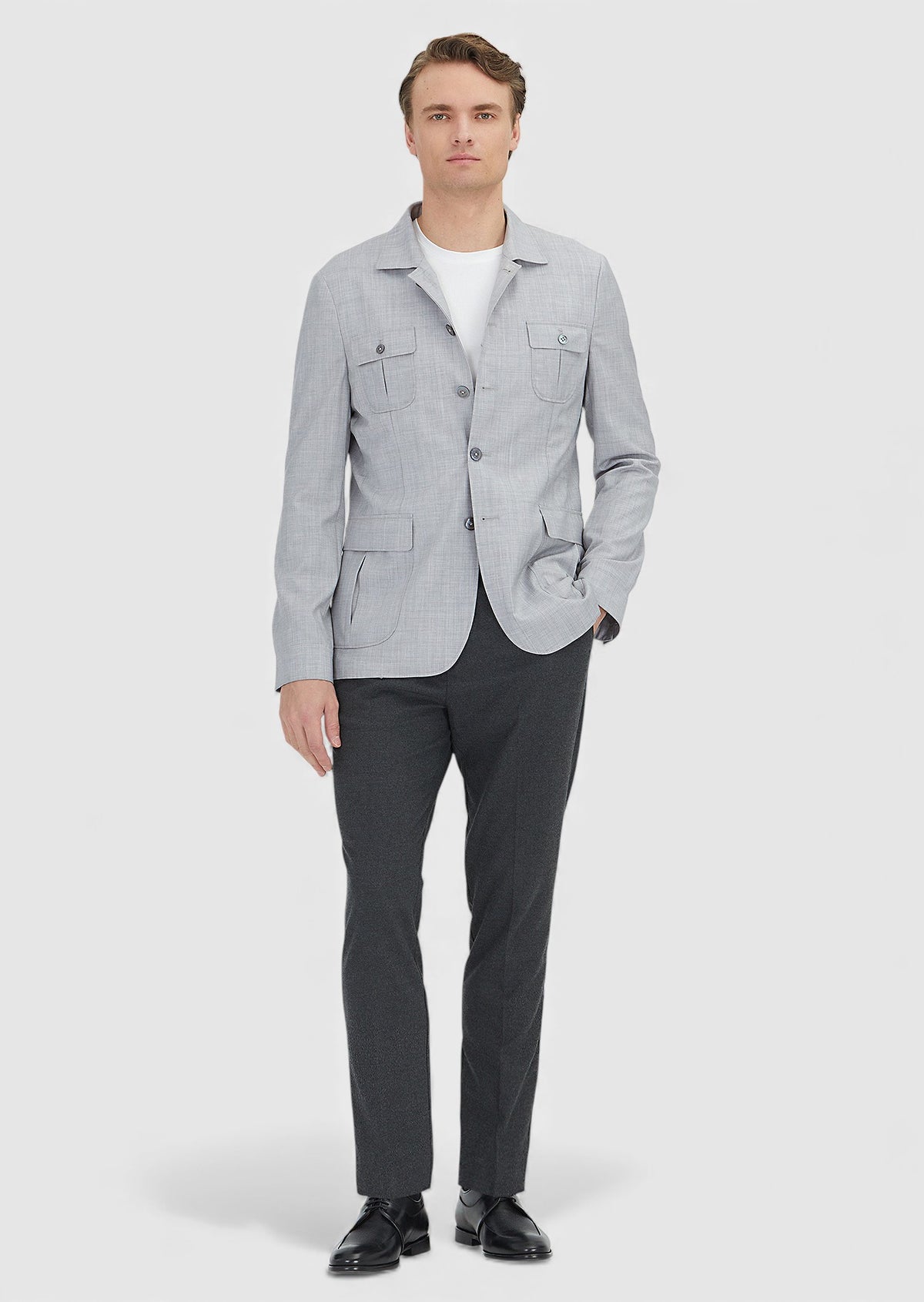 Açık Gri Düz Shirt Shoulder Slim Fit %100 Yün Ceket