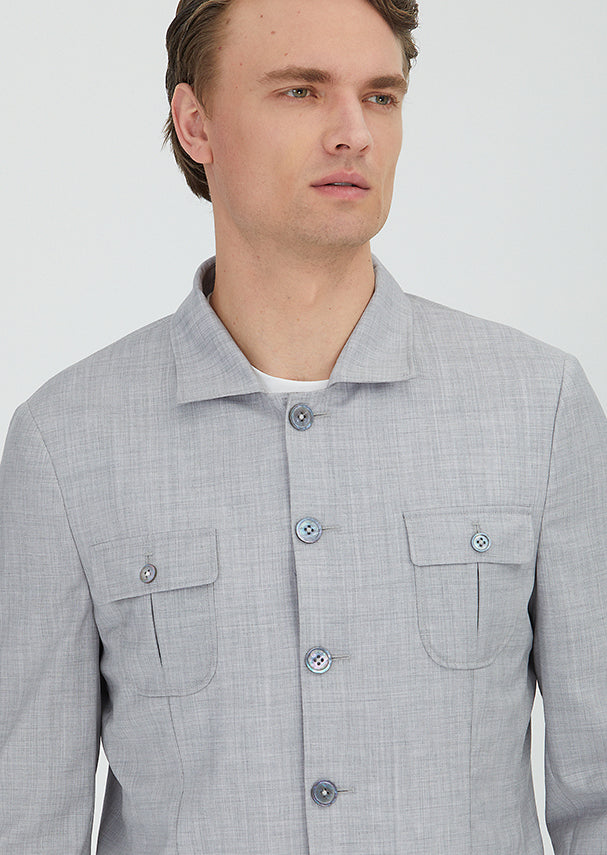 Açık Gri Düz Shirt Shoulder Slim Fit %100 Yün Ceket