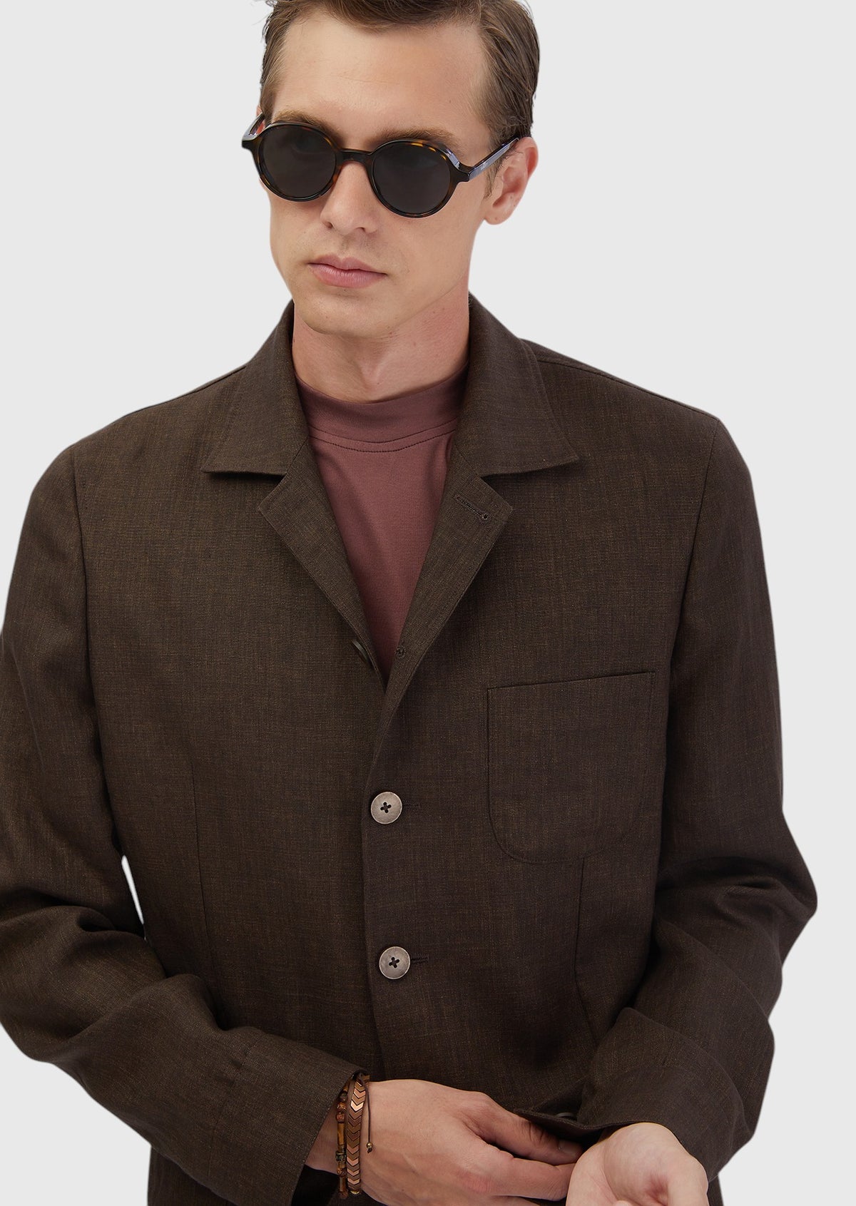 Kahverengi Düz Shirt Shoulder Slim Fit %100 Keten Ceket