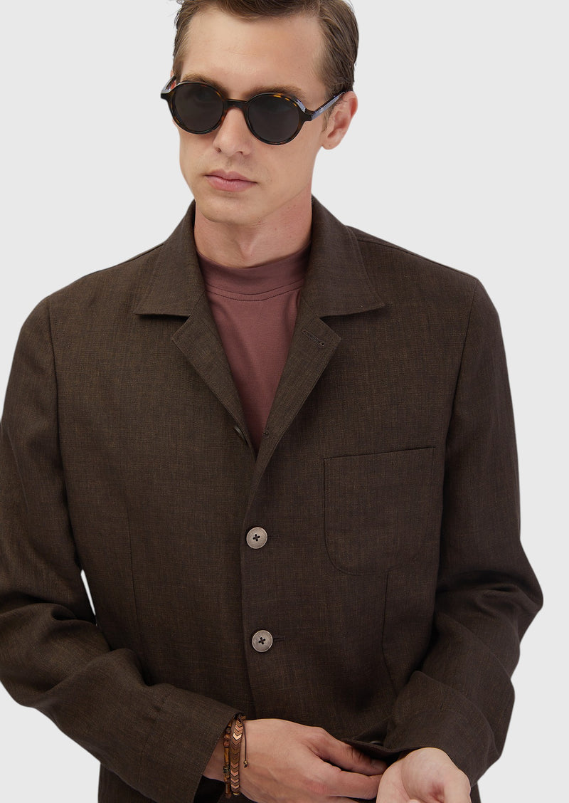 Kahverengi Düz Shirt Shoulder Slim Fit %100 Keten Ceket