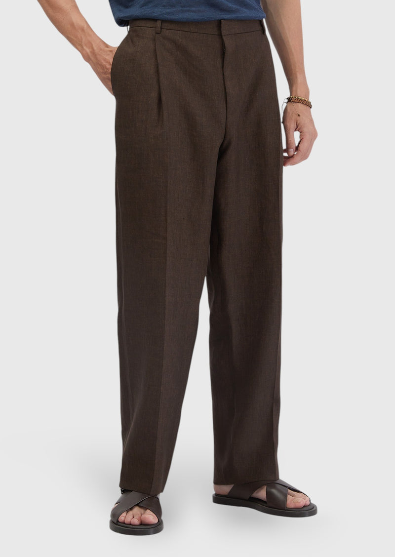 Kahverengi Düz Kumaş Regular Fit Casual %100 Keten Pantolon