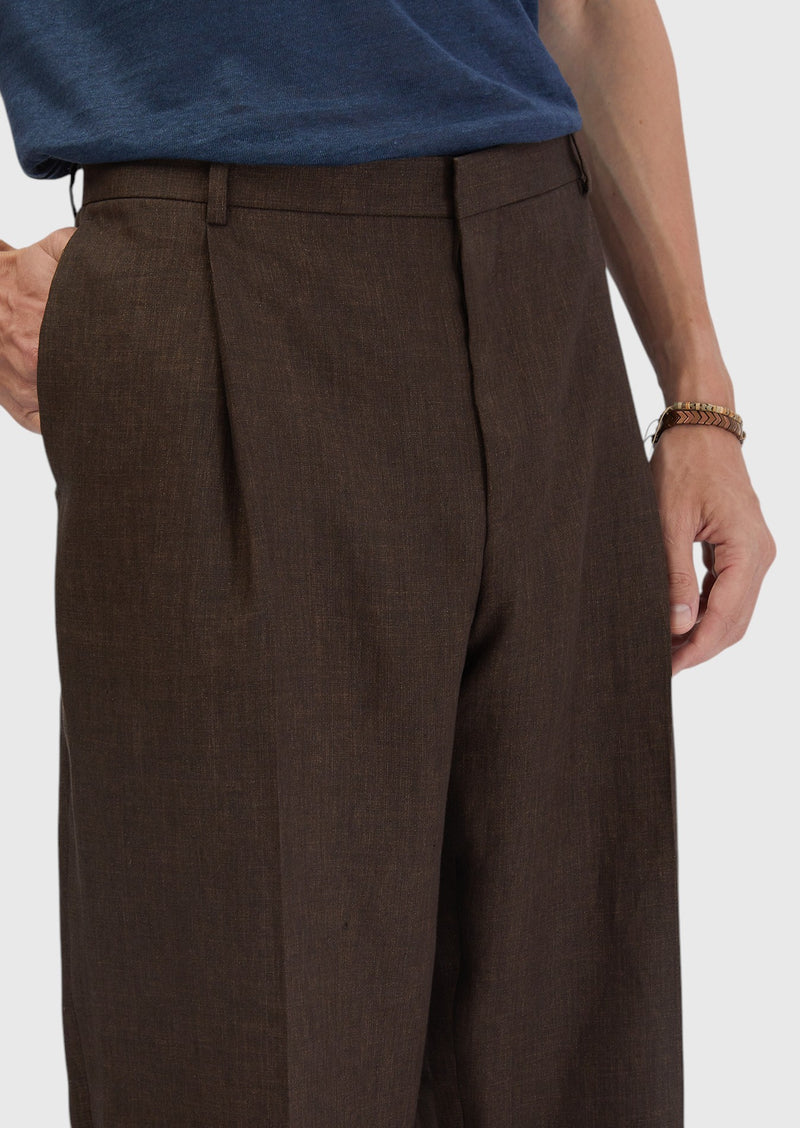 Kahverengi Düz Kumaş Regular Fit Casual %100 Keten Pantolon
