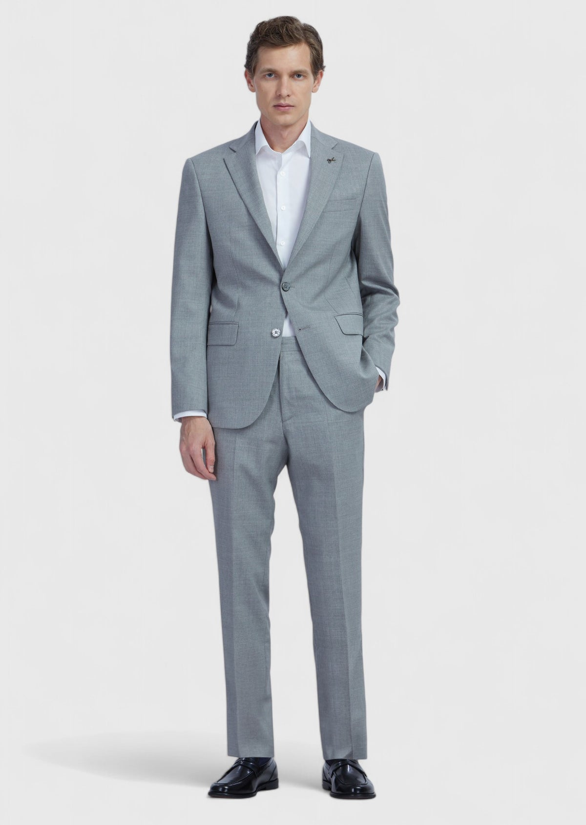 Gri Düz Modern Fit Yün Karışımlı Takım Elbise