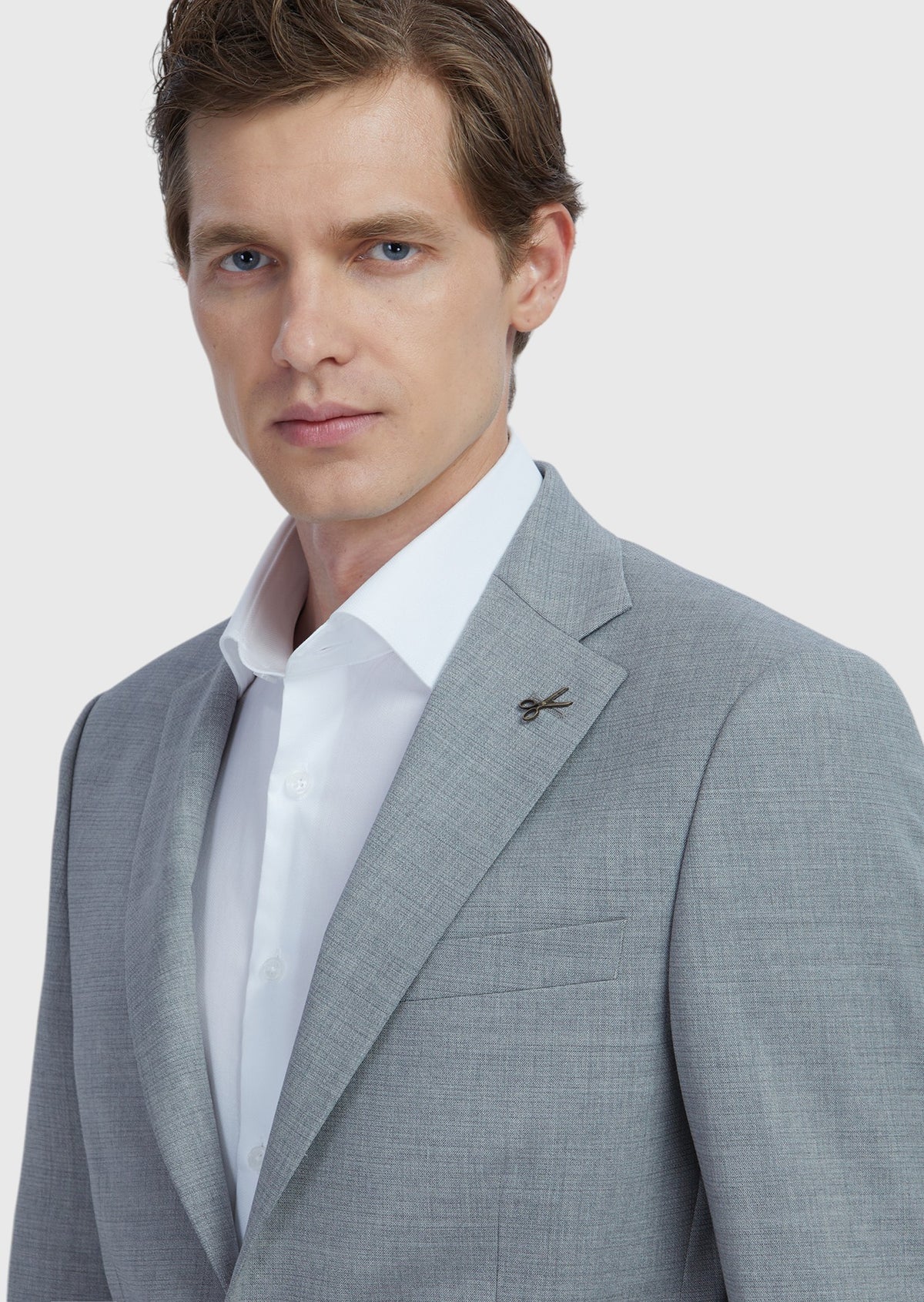 Gri Düz Modern Fit Yün Karışımlı Takım Elbise