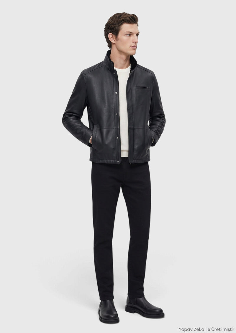 Siyah Regular Fit Dik Yaka Casual Koyun Kürkü Deri Mont
