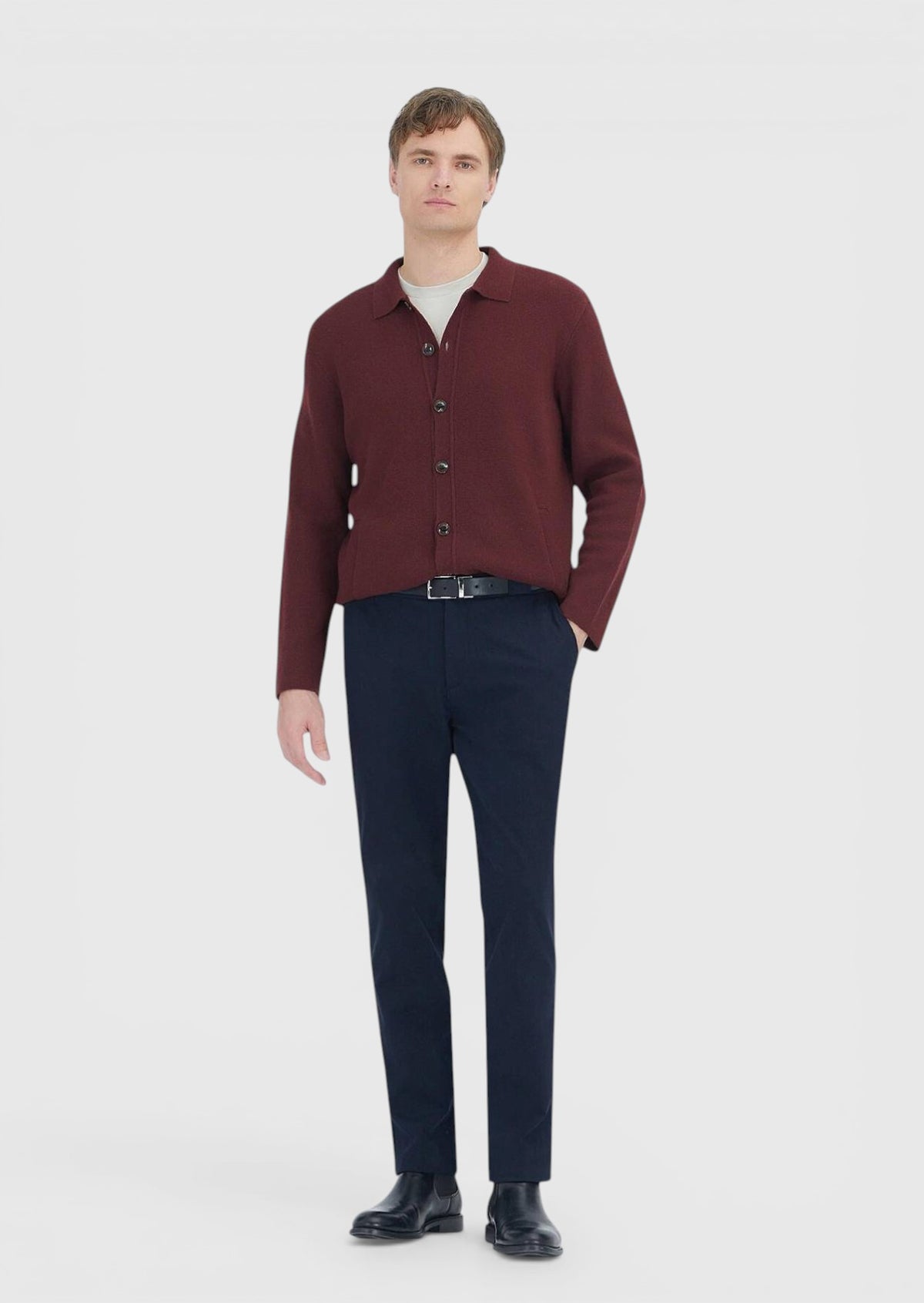 Bordo Polo Yaka Düz Örgü Yün Karışımlı Hırka