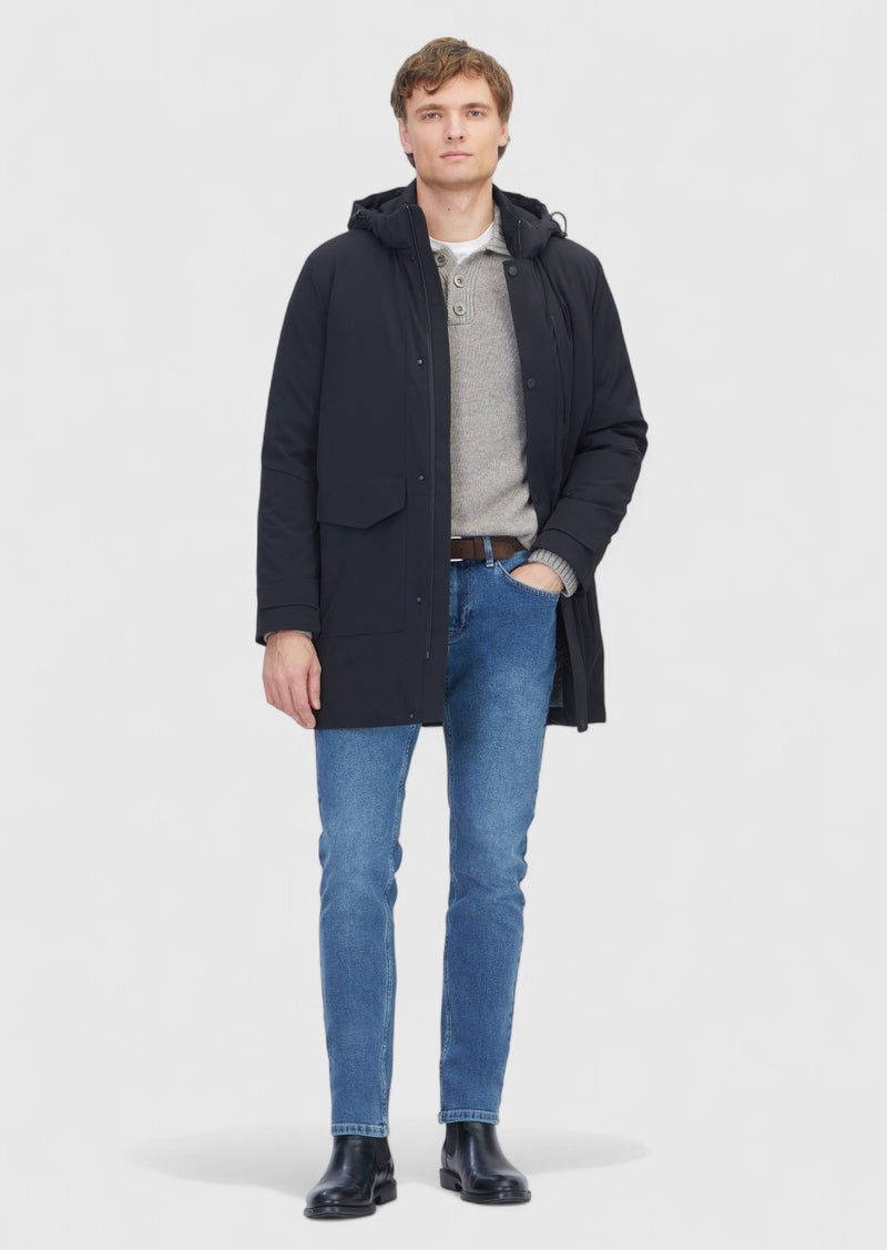 Siyah Regular Fit Kapüşonlu Casual Dokuma Kaban