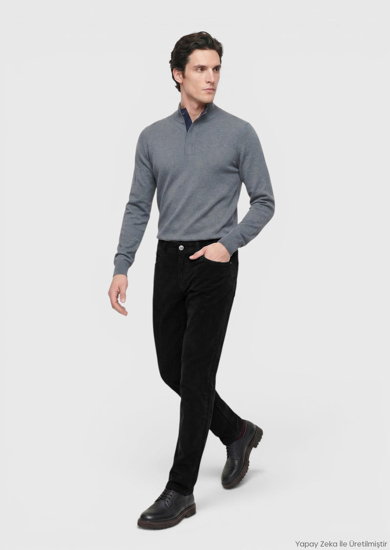 Siyah Düz Dokuma Slim Fit Kadife Casual Pamuk Karışımlı Pantolon