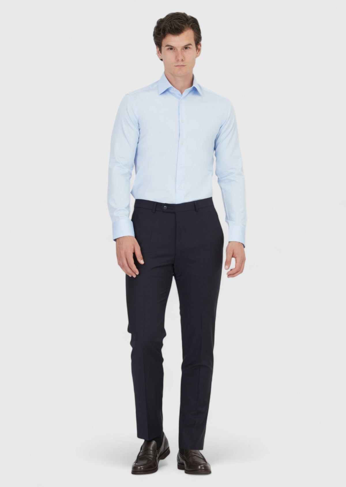 Koyu Mavi Düz Slim Fit Uzun Dokuma Klasik %100 Pamuk Gömlek