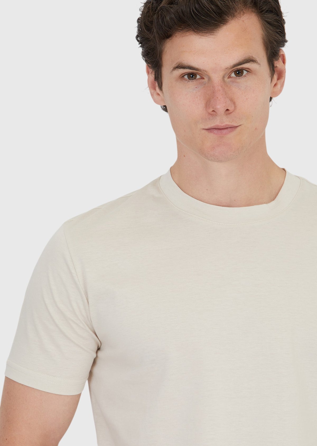 Bej Düz Bisiklet Yaka %100 Pamuk T-Shirt