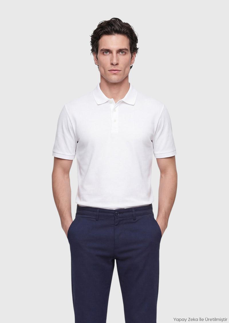 Beyaz Düz Polo Yaka %100 Pamuk T-Shirt