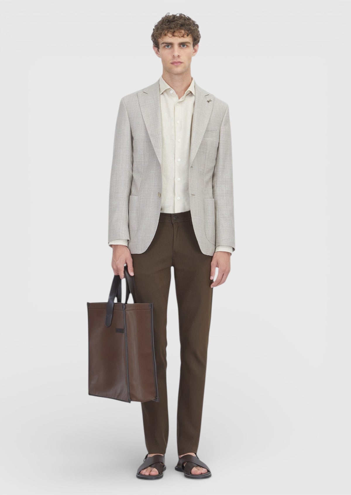 Bej Desenli Zeroweight Slim Fit İpek Karışımlı Ceket
