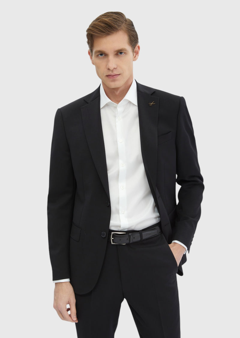 Siyah Düz Modern Fit %100 Yün Takım Elbise
