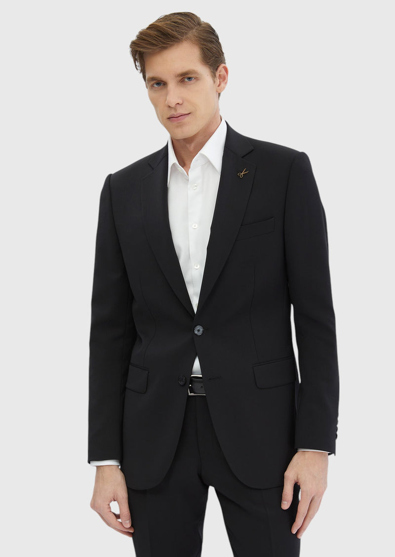 Siyah Düz Thin&taller Slim Fit %100 Yün Takım Elbise