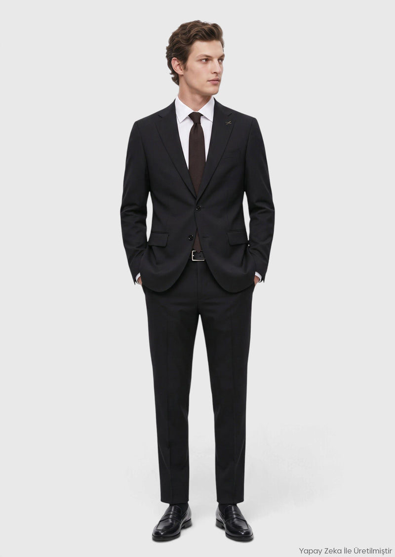 Siyah Düz Thin&taller Slim Fit %100 Yün Takım Elbise