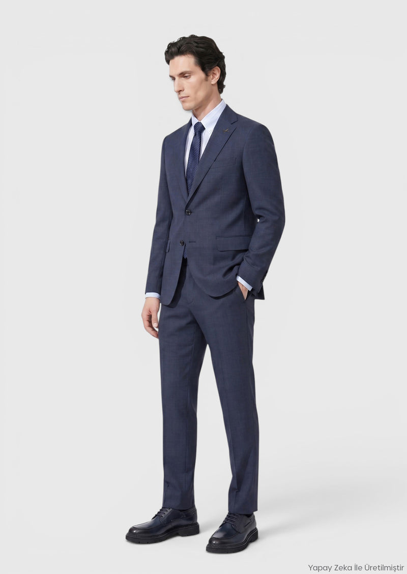 İndigo Düz Regular Fit %100 Yün Takım Elbise