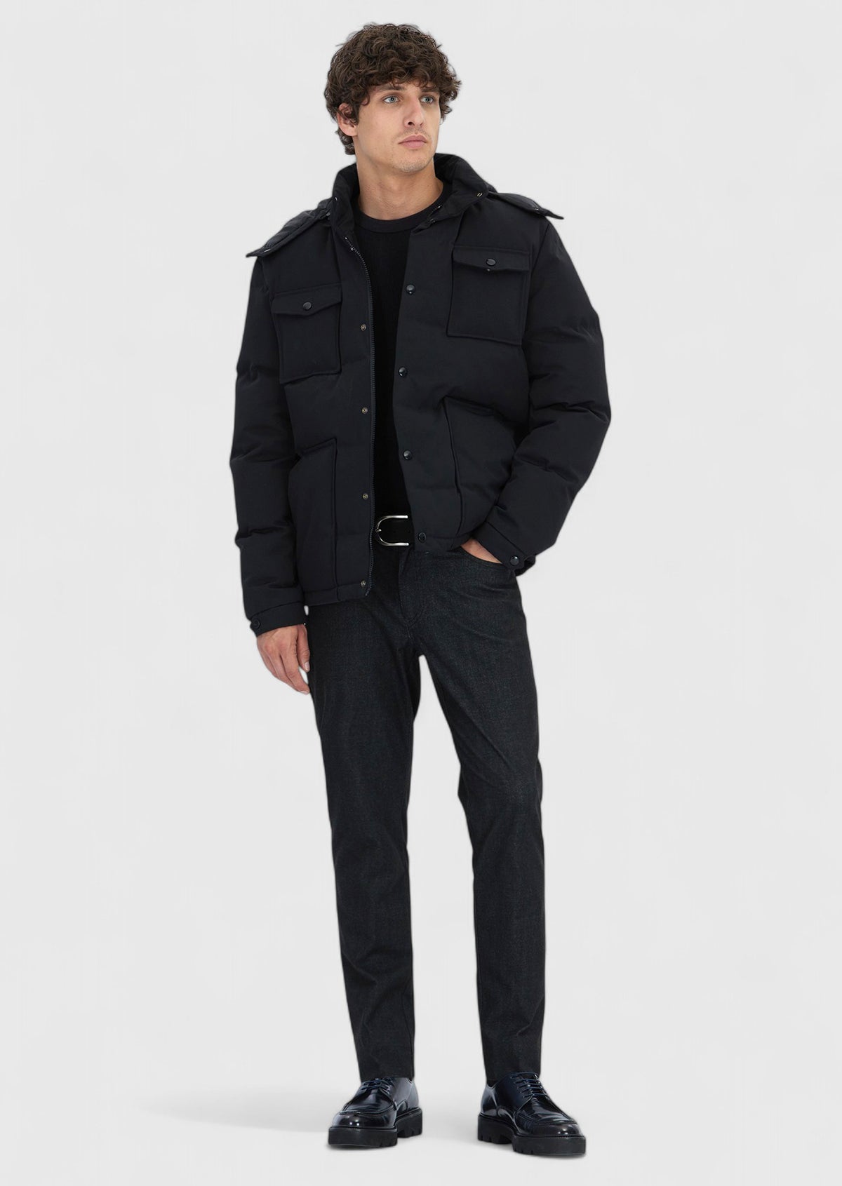 Siyah Regular Fit Kapüşonlu Casual Dokuma Mont