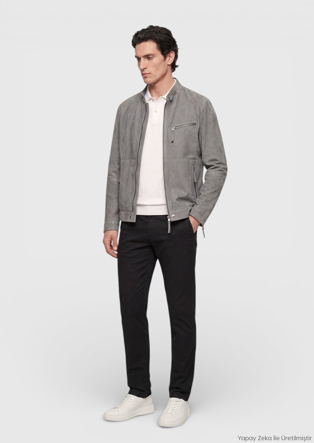 Koyu Gri Regular Fit Dik Yaka Casual Süet Deri Mont