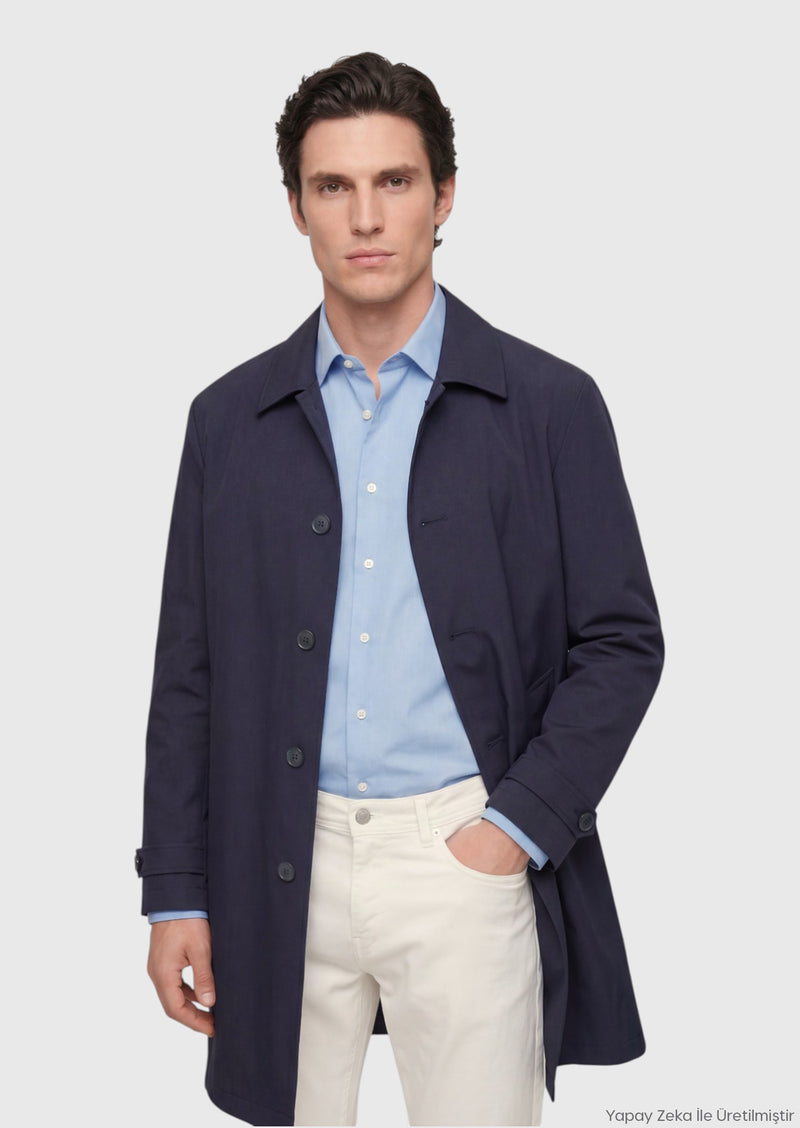 Koyu Lacivert Regular Fit Gömlek Yaka Casual Teknik Pardösü