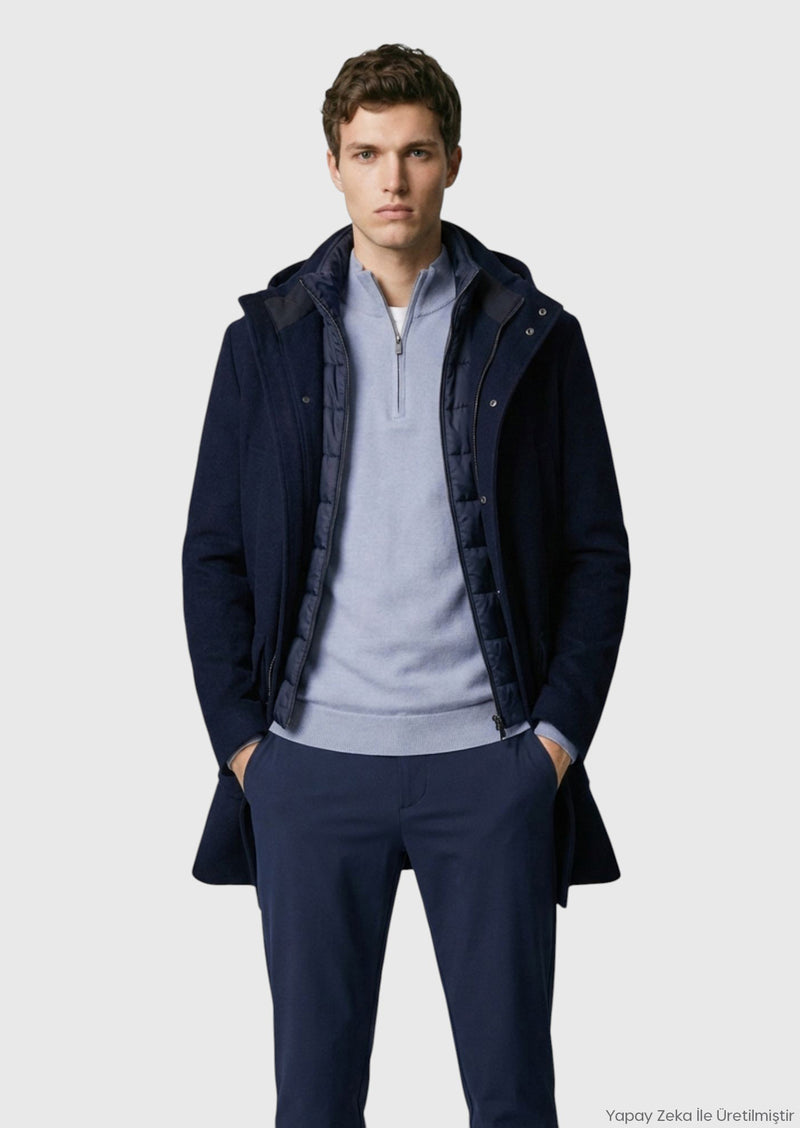 Lacivert Regular Fit Kapüşonlu Casual Dokuma Kaban