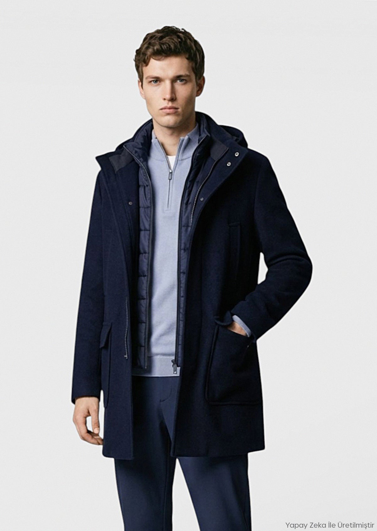 Lacivert Regular Fit Kapüşonlu Casual Dokuma Kaban