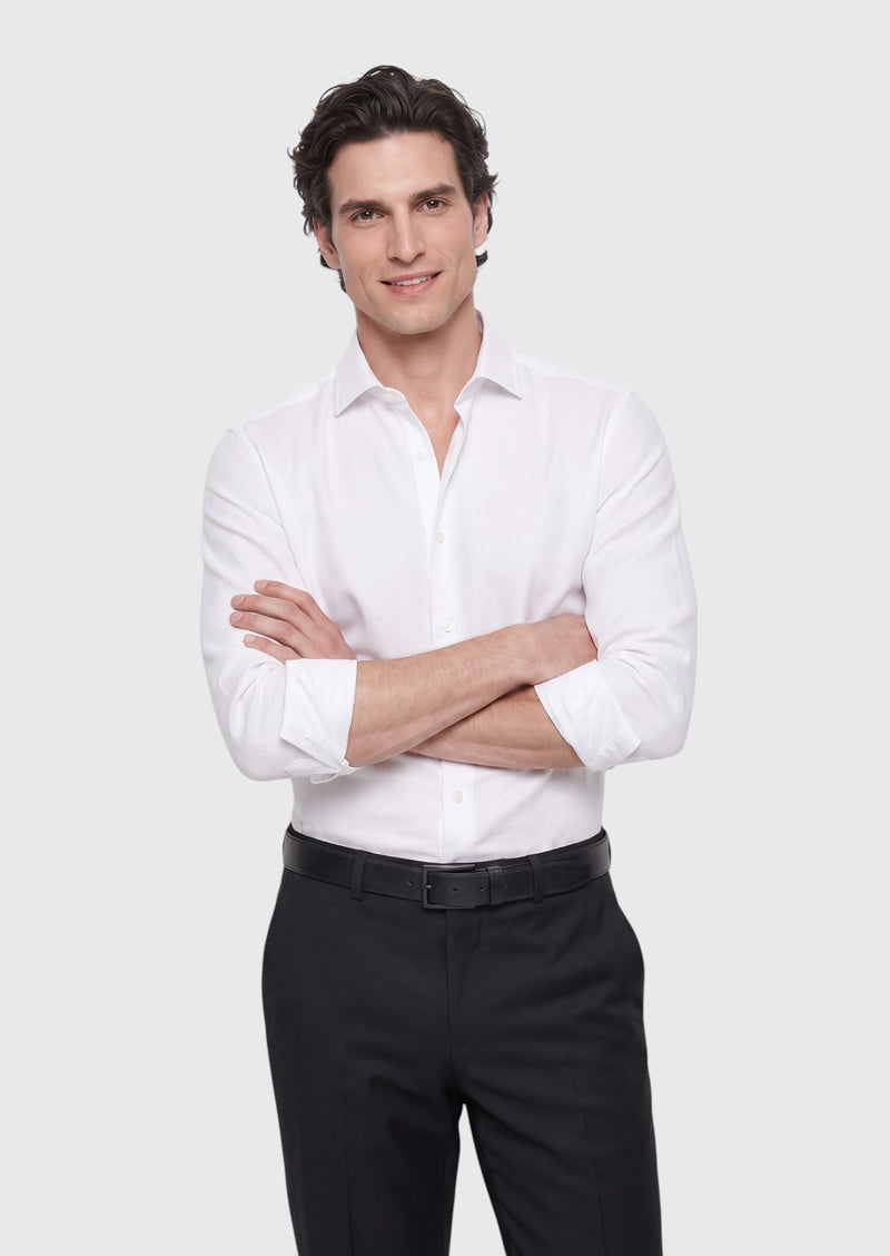 Beyaz Çizgili Regular Fit Uzun Dokuma Klasik %100 Pamuk Gömlek