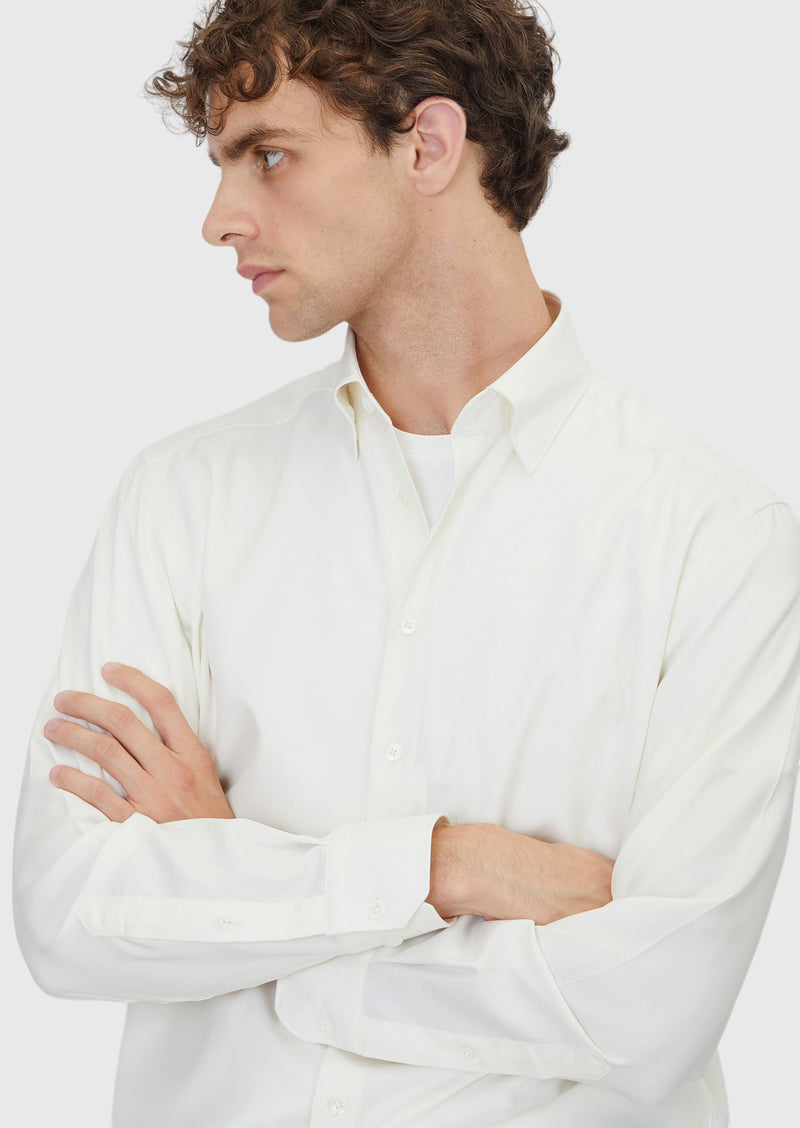 Ekru Düz Casual Fit Uzun Dokuma Casual İpek Karışımlı Gömlek