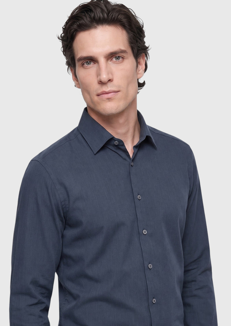Antrasit Düz Casual Fit Uzun Dokuma Casual İpek Karışımlı Gömlek
