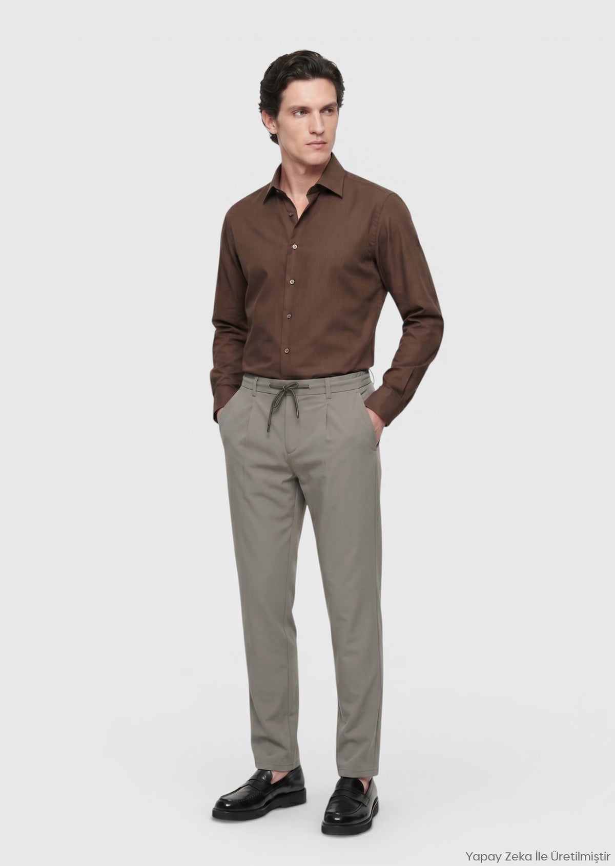 Kahverengi Düz Casual Fit Uzun Dokuma Casual İpek Karışımlı Gömlek
