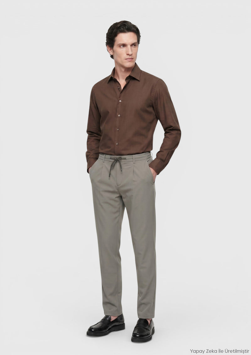 Kahverengi Düz Casual Fit Uzun Dokuma Casual İpek Karışımlı Gömlek