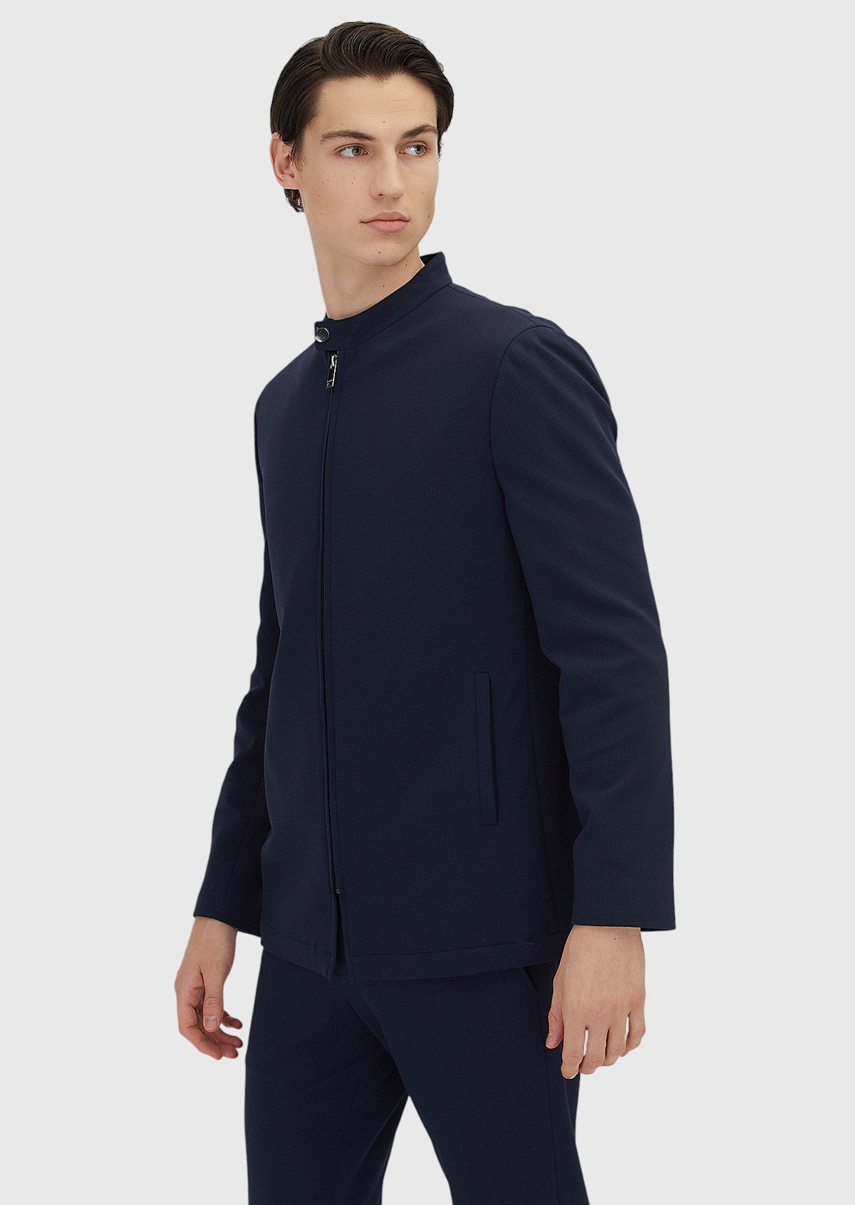 Lacivert Kareli Comfort Fit Örme Takım Elbise