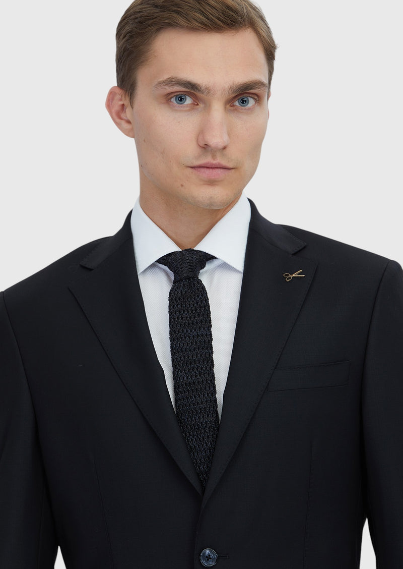 Siyah Düz Modern Fit Yün Karışımlı Takım Elbise