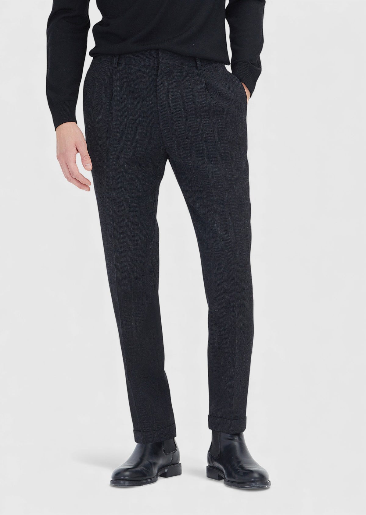 Siyah Desenli Dokuma Regular Fit Casual Yün Karışımlı Pantolon