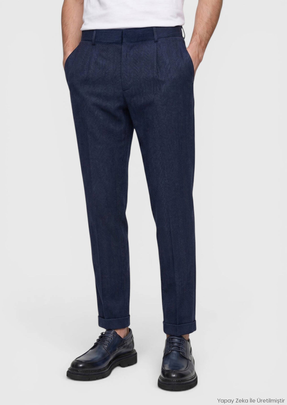 Açık Lacivert Desenli Dokuma Regular Fit Casual Yün Karışımlı Pantolon