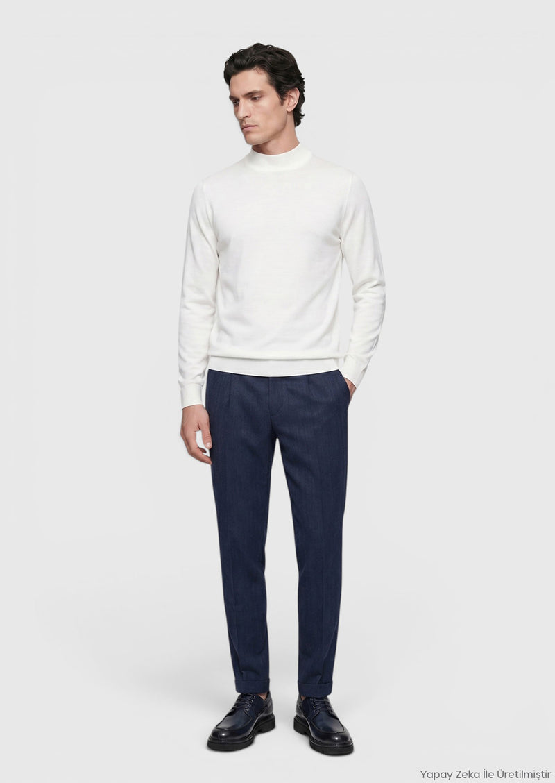 Açık Lacivert Desenli Dokuma Regular Fit Casual Yün Karışımlı Pantolon